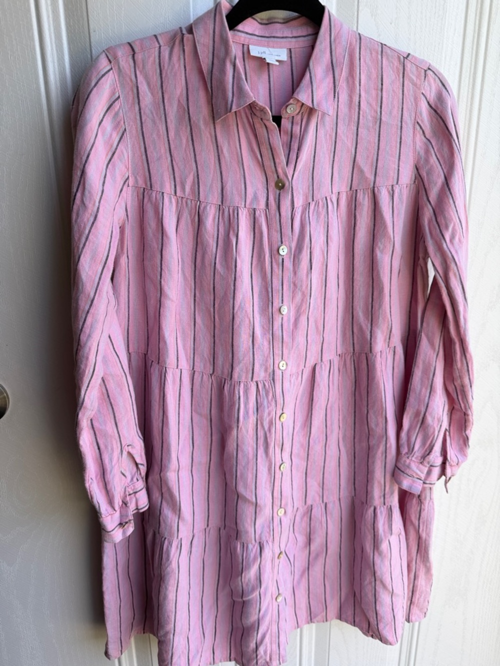 J. Jill Pink Striped Linen Casual Button-Up Tiered Dress XS
